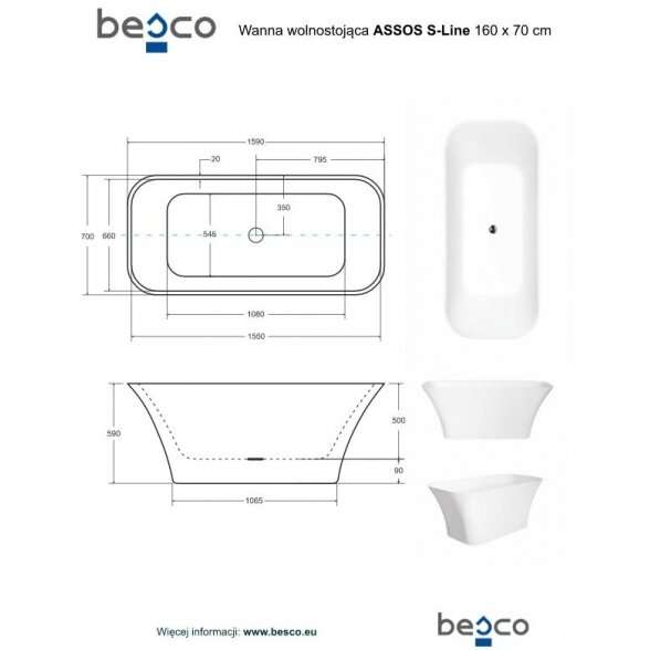 Laisvai statoma vonia Besco Assos S-Line Glam 2