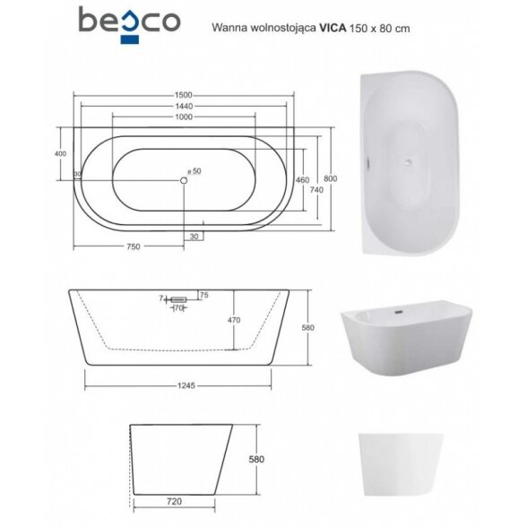 Laisvai statoma vonia Besco VICA 150 5