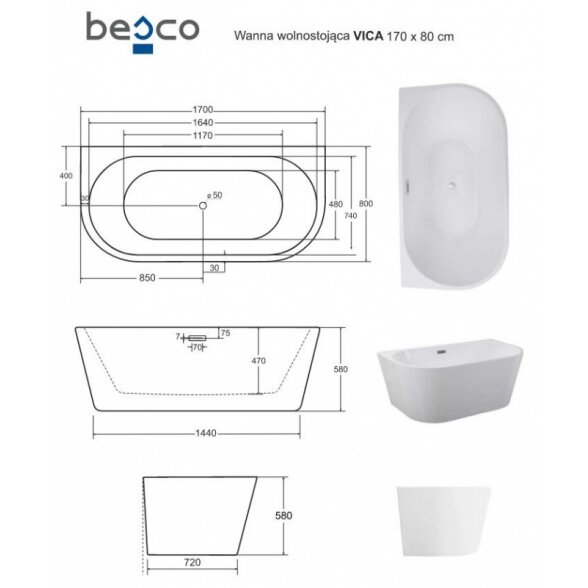 Laisvai statoma vonia Besco VICA 170 5