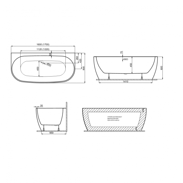 Отдельностоящая ванна Polimat RISA 160x80, графит 2