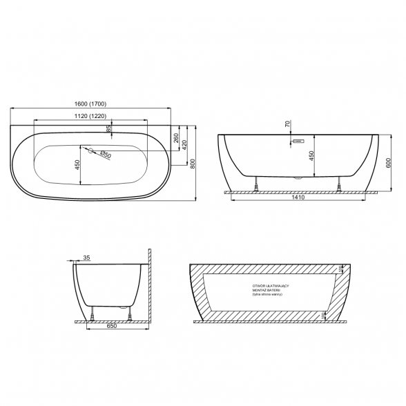 Отдельностоящая ванна Polimat RISA 160x80, черный блеск 2