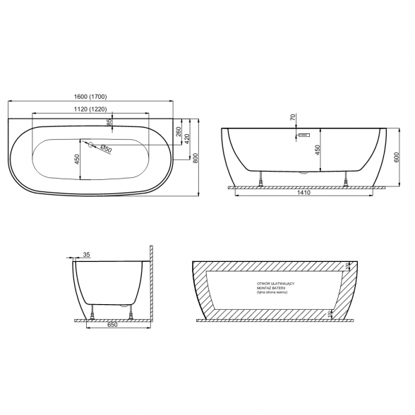 Отдельностоящая ванна Polimat RISA 160x80, розовая 2