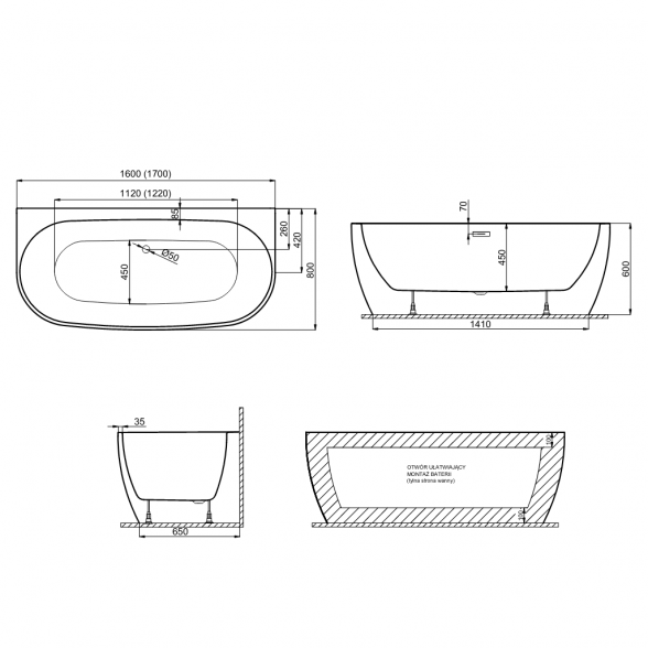 Laisvai statoma vonia Polimat Risa 170x80, juoda (blizgi) 2