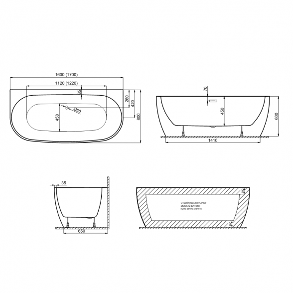 Отдельностоящая ванна Polimat RISA 170x80, розовая 2