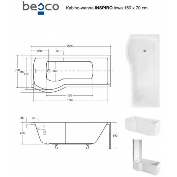 Нестандартная ванна из акрила с стеклянной стенкой Besco Inspiro 5