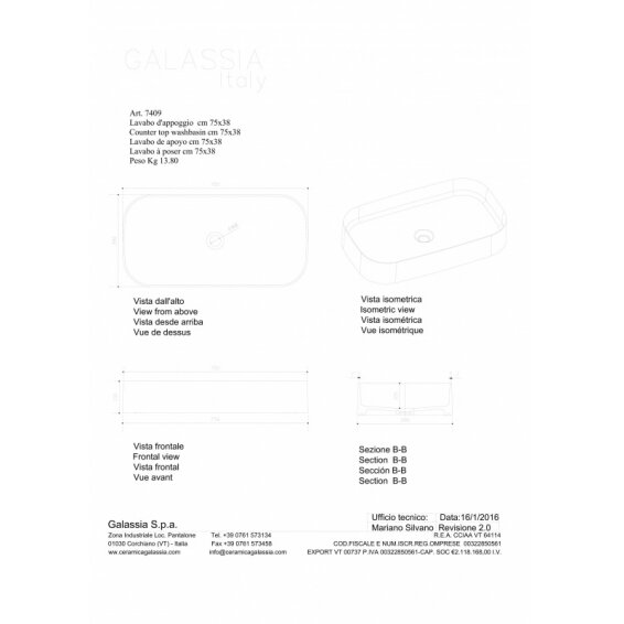 Настольный умывальник SmartB 75, Galassia 1