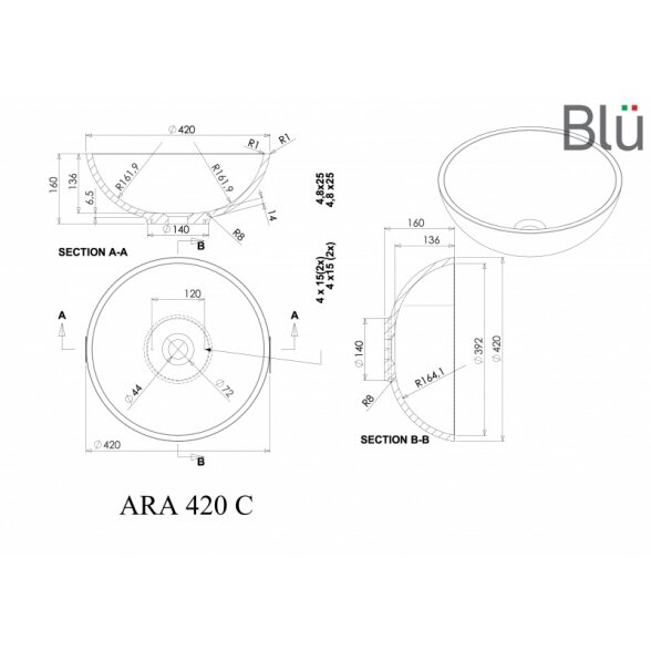 Настольный умывальник из каменной массы Blu ARA и встраиваемый смеситель Mimo с донным клапаном Click-Clack 2