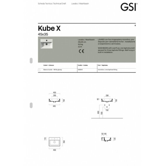 Подвесной умывальник Kube X 45, GSI 4