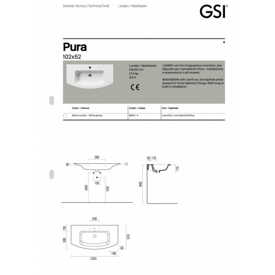 Подвесной умывальник Pura, GSI 3