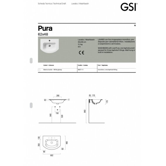 Подвесной умывальник Pura, GSI 1