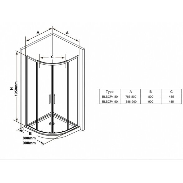 Pusapvalė dušo kabina Ravak Blix Slim BLSCP4 juodu rėmu 2
