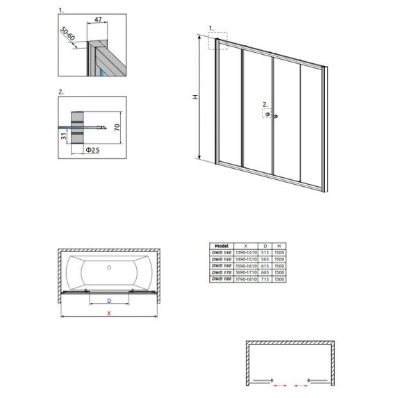 Стенка для прямоугольной ванны Radaway Vesta DWD 3