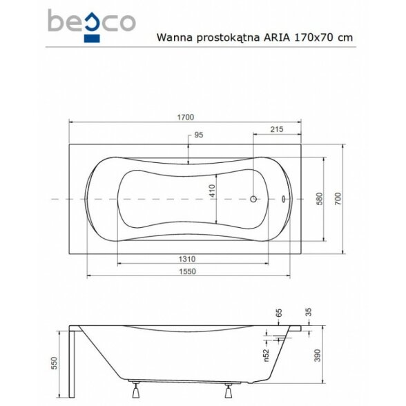 Прямоугольная акриловая ванна Besco ARIA PLUS 2