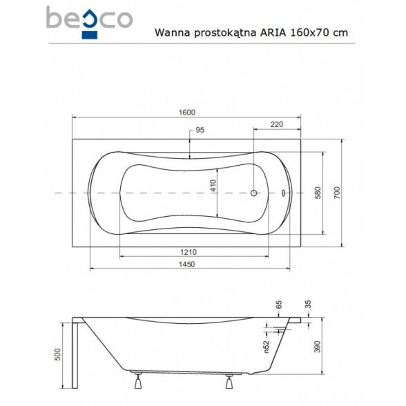 Прямоугольная акриловая ванна Besco ARIA PLUS 3