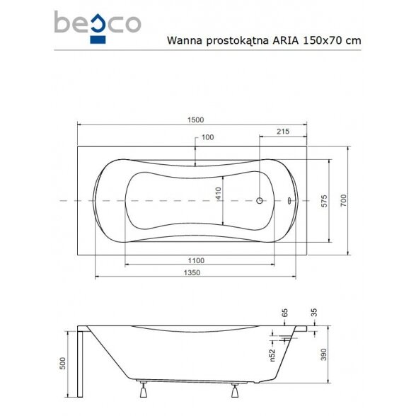 Прямоугольная акриловая ванна Besco ARIA PLUS 4