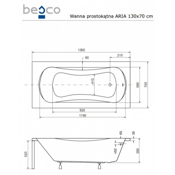 Прямоугольная акриловая ванна Besco ARIA PLUS 6