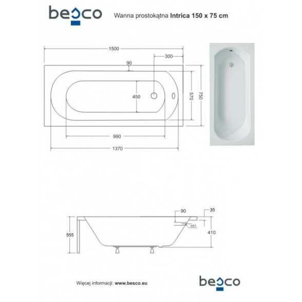 Прямоугольная акриловая ванна Besco MODERN 2