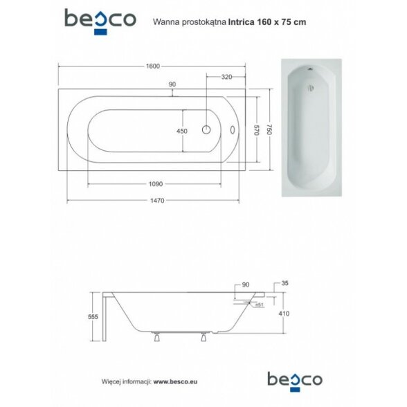 Прямоугольная акриловая ванна Besco MODERN 3