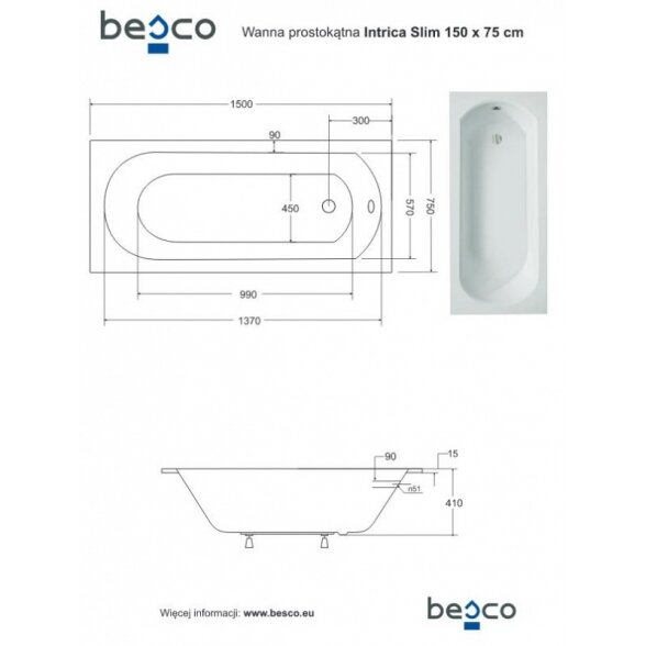 Прямоугольная акриловая ванна Besco MODERN 2