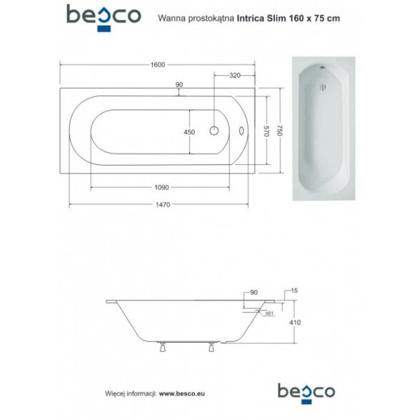 Прямоугольная акриловая ванна Besco MODERN 3