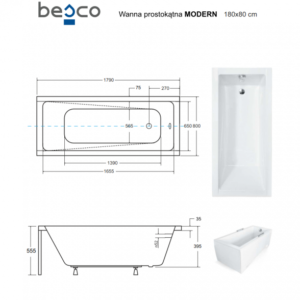 Прямоугольная акриловая ванна Besco MODERN 9