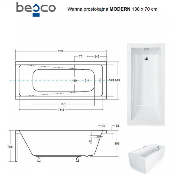 Прямоугольная акриловая ванна Besco MODERN 4