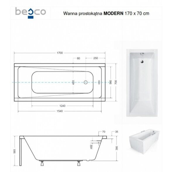 Прямоугольная акриловая ванна Besco MODERN 8