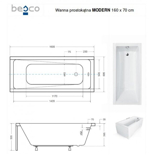 Прямоугольная акриловая ванна Besco MODERN 7