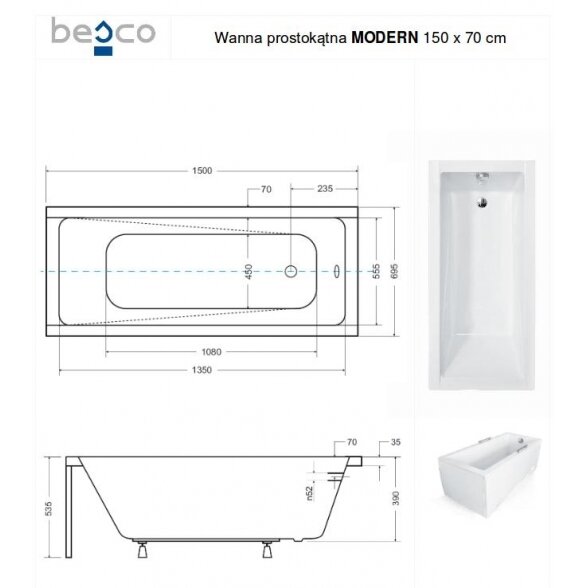 Прямоугольная акриловая ванна Besco MODERN 6