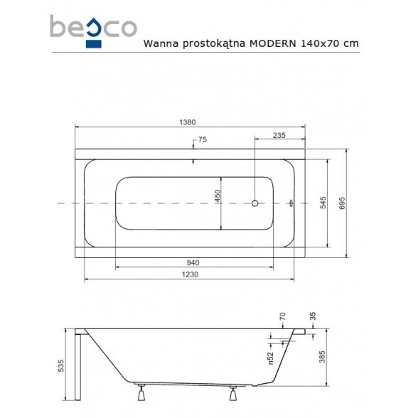 Прямоугольная акриловая ванна Besco MODERN 5