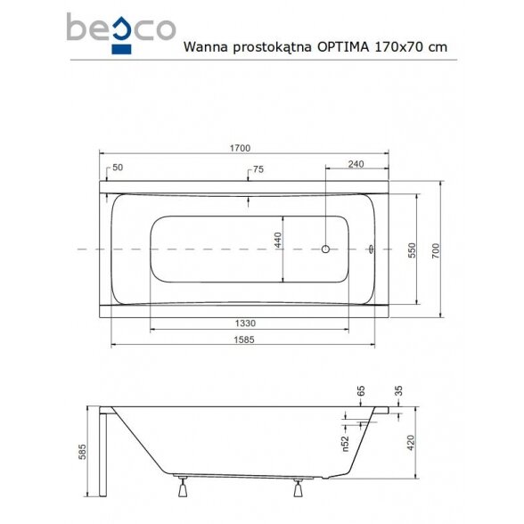 Прямоугольная акриловая ванна Besco OPTIMA 2