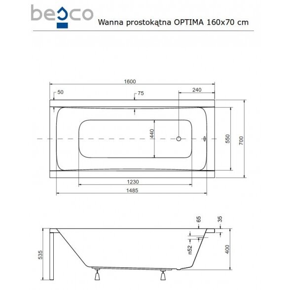 Прямоугольная акриловая ванна Besco OPTIMA 3