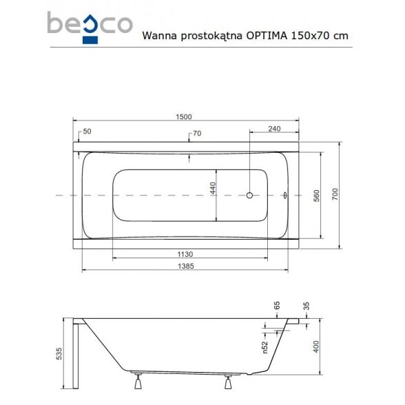 Прямоугольная акриловая ванна Besco OPTIMA 4