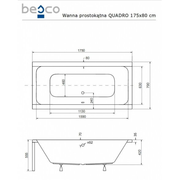 Stačiakampė akrilinė vonia Besco QUADRO 6