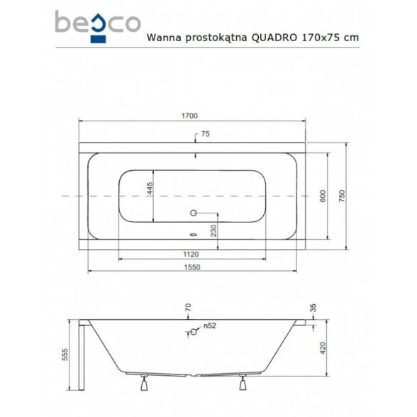 Stačiakampė akrilinė vonia Besco QUADRO 5