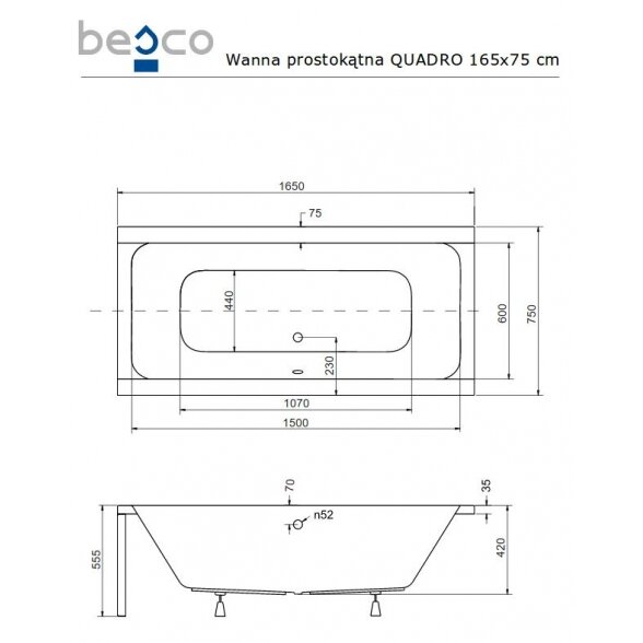 Stačiakampė akrilinė vonia Besco QUADRO 4