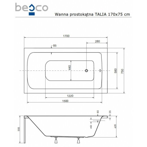 Прямоугольная акриловая ванна Besco TALIA 2