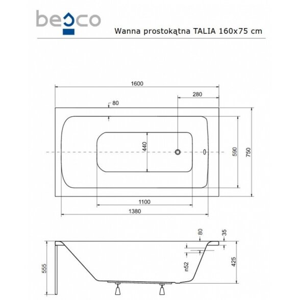 Прямоугольная акриловая ванна Besco TALIA 3