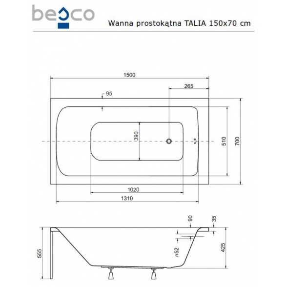 Stačiakampė akrilinė vonia Besco TALIA 4