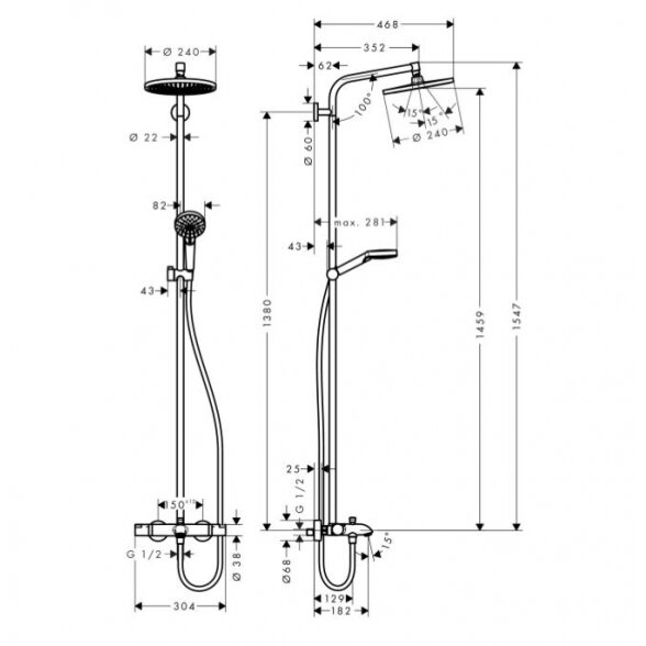 Душевая система с термостатом для ванны Hansgrohe Crometta S 240 1jet с изливом 1